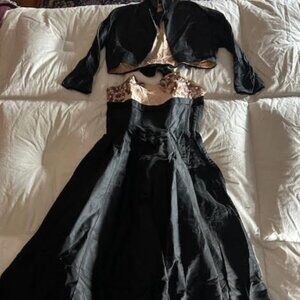 Elegant Black and Champagne Satin Dress with Cropped Jacket